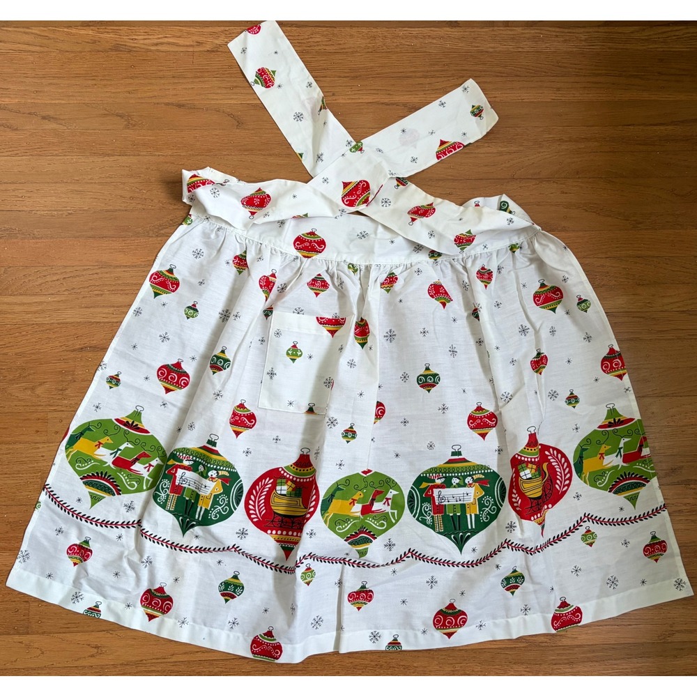 Vintage 1950s Christmas Half Apron MCM Ornament Print Carolers Reindeer White